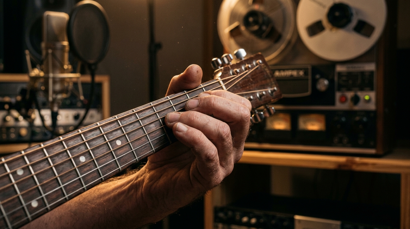 Musician's hands on instrument strings and analog tape recorder