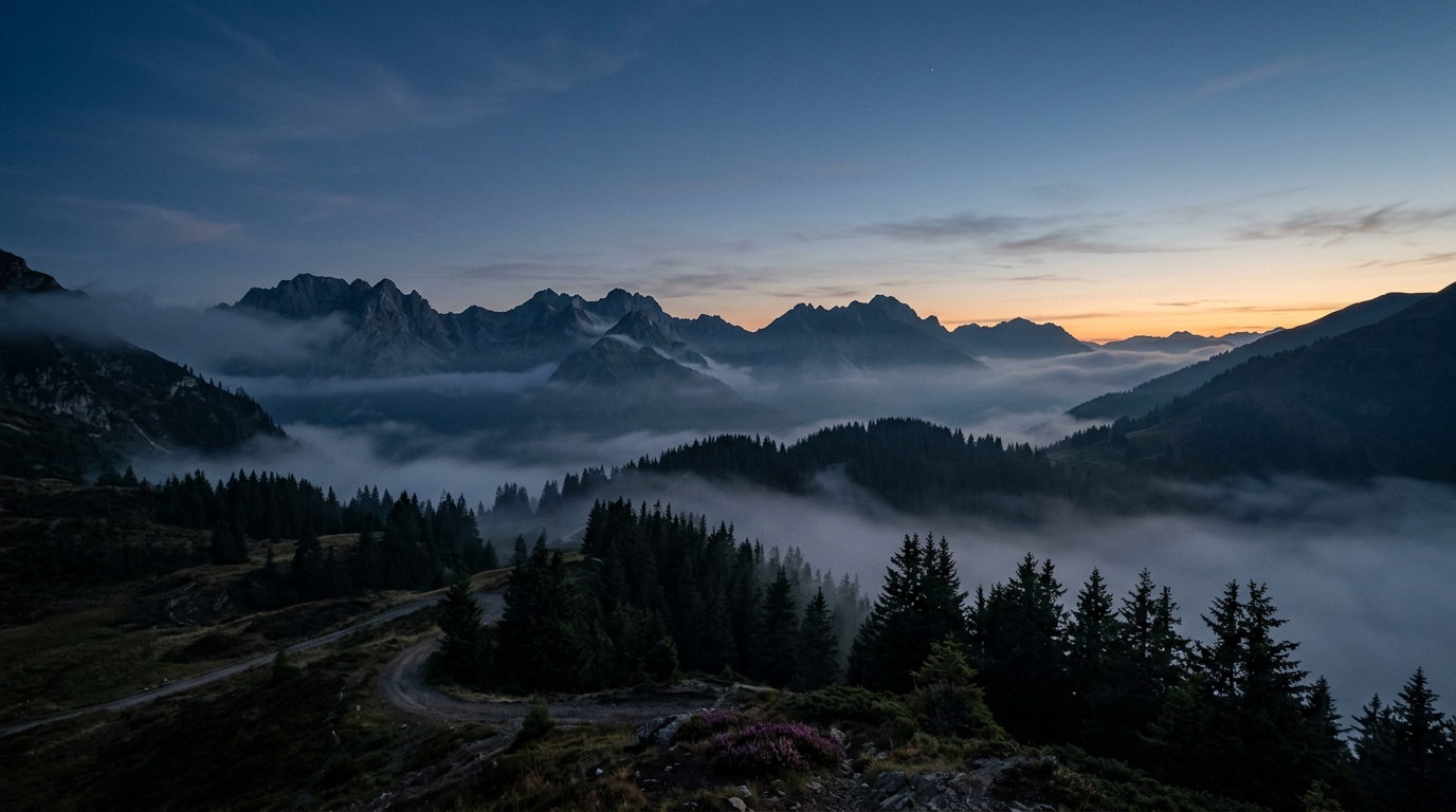 Misty mountain landscape at dusk for atmospheric sound design
